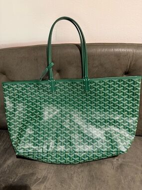 Green Goyardine Patterned Tote Bag with Double Top Handles